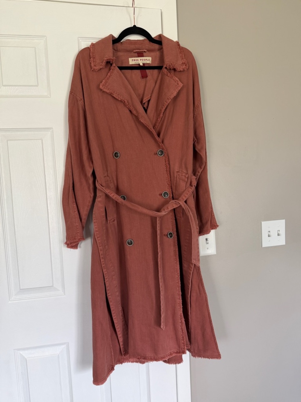 Free People Dusty Rose Long Coat Jacket Belted Double Breasted Trench Coat - Picture 6 of 11